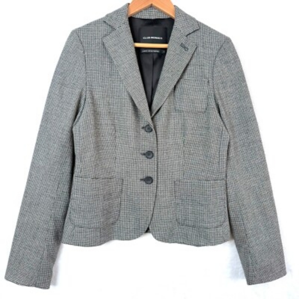 Club Monaco Jacket Womens 4 Black Houndstooth Wool Blend Blazer 3 Button Lined